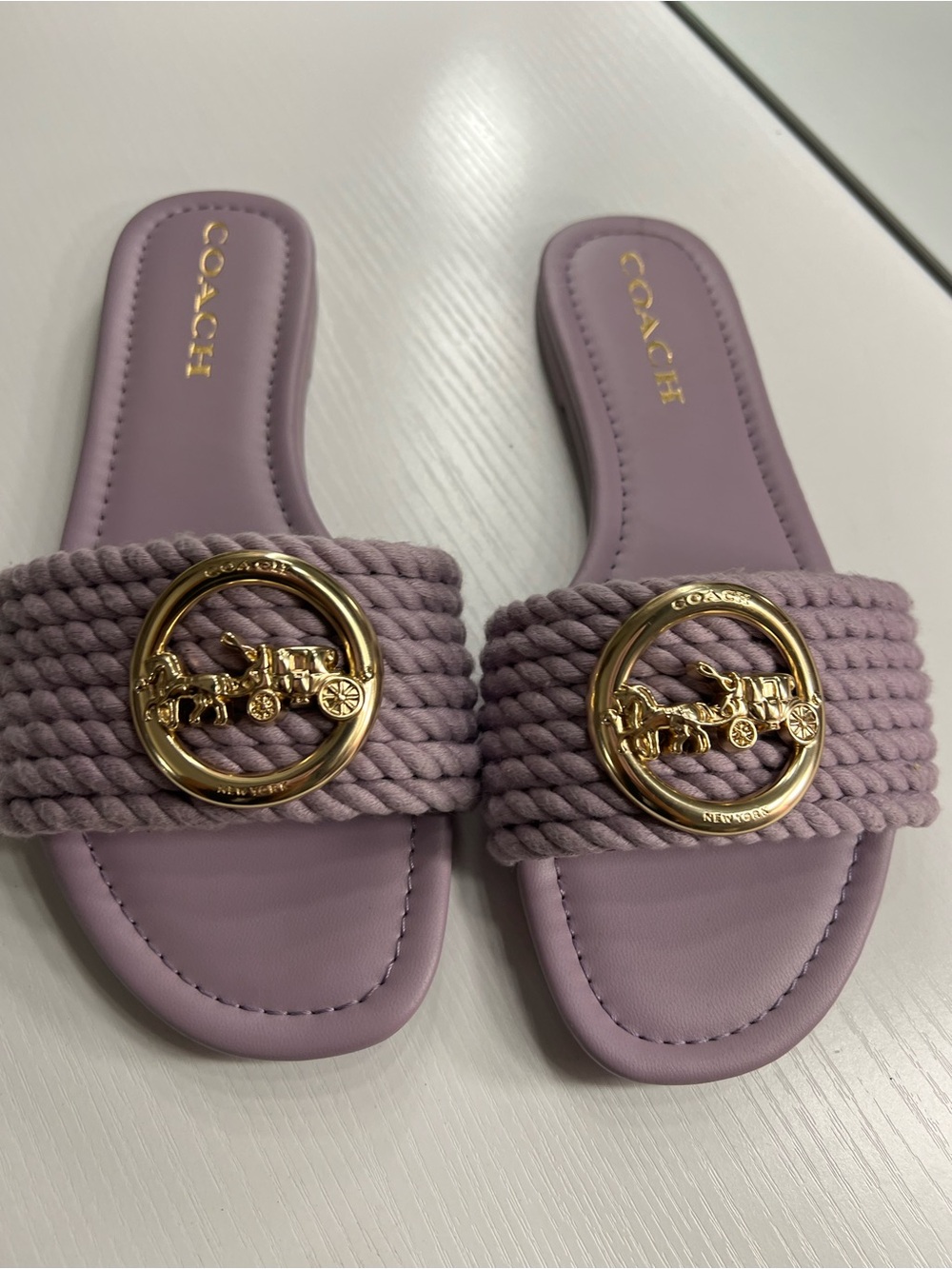 Coach Lilac Rope Jolie  Slide Sandals with Gold Horse & Carriage Medallion